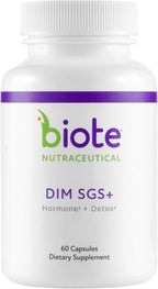 A white plastic bottle of biote Nutraceutical DIM SGS+ dietary supplement with a purple and green label, containing 60 capsules.