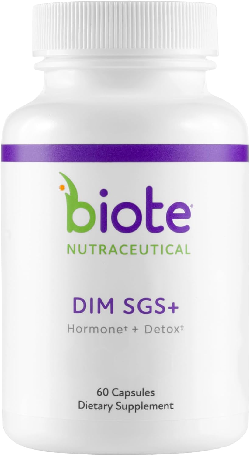 A white plastic bottle of biote Nutraceutical DIM SGS+ dietary supplement with a purple and green label, containing 60 capsules.