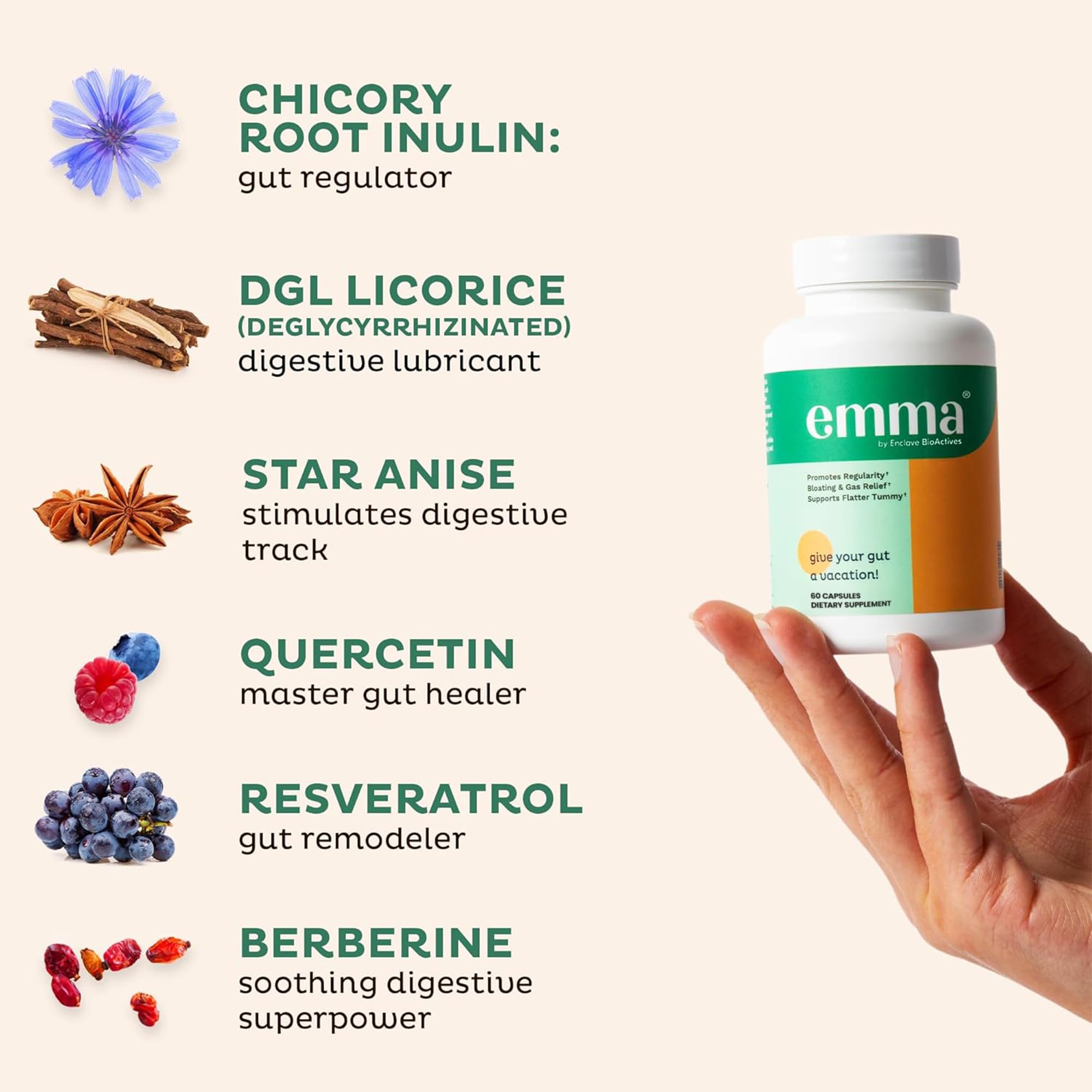Emma Gut Health Supplement for Digestive Support & Bloating Relief – Doctor-Formulated, 60 Capsules