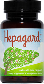 A bottle of Hepagard Natural Liver Support dietary supplement with a black ribbed cap and a white label featuring a green leaf-shaped tree with pink flowers.